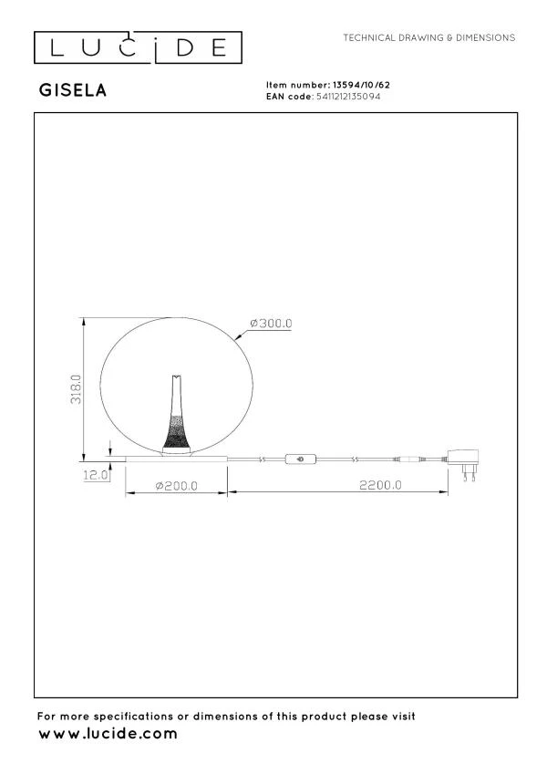 Lucide Premium GISELA - Lámpara de mesa - Ø 30 cm - LED Regul. - 1x12W 2500K - Ámbar - técnico